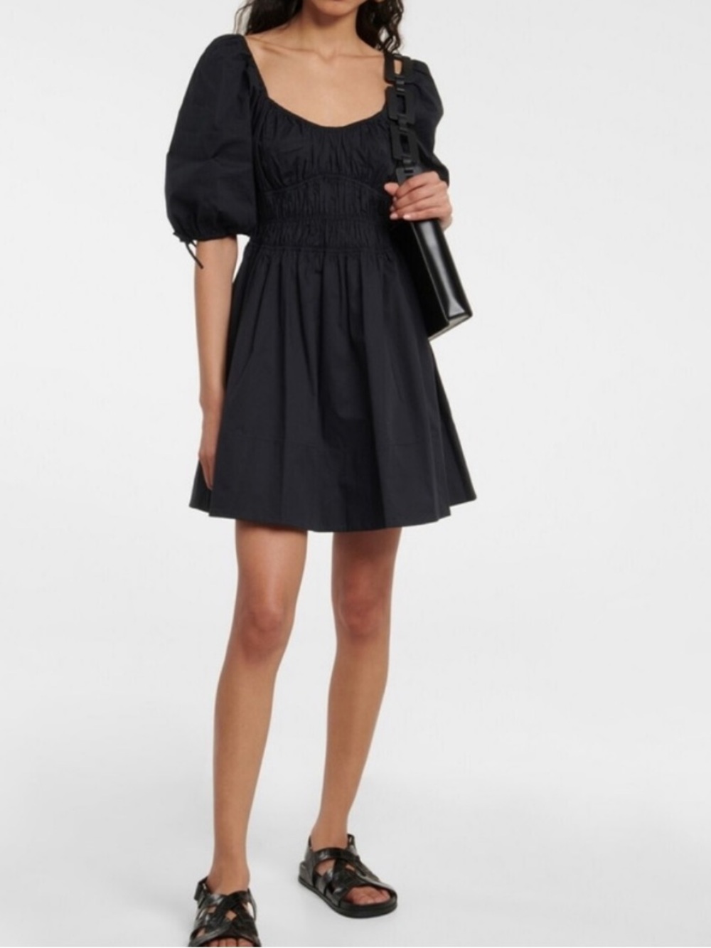 STAUD Faye Black Puff-Sleeve Smocked Mini Dress